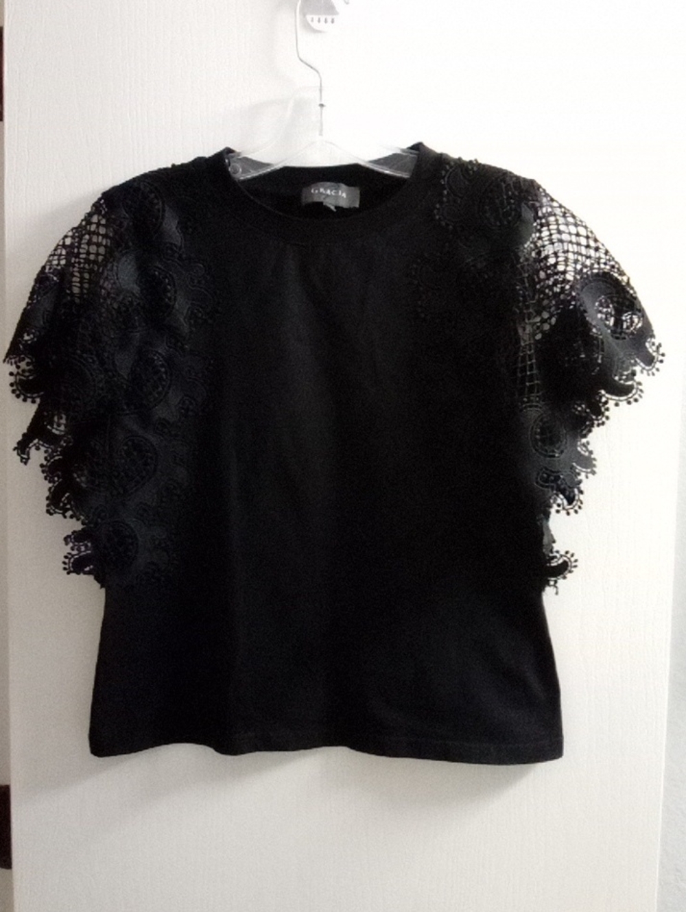 Gracia Black Short Sleeve Tee with Lace Overlay Sleeves